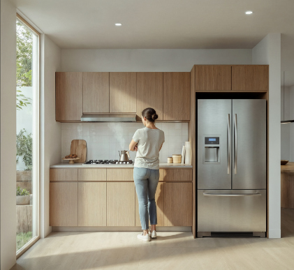Render de la cocina con acabados en madera de una casa de Las Encinas, casas en San Mateo Atenco, Edo. Méx.