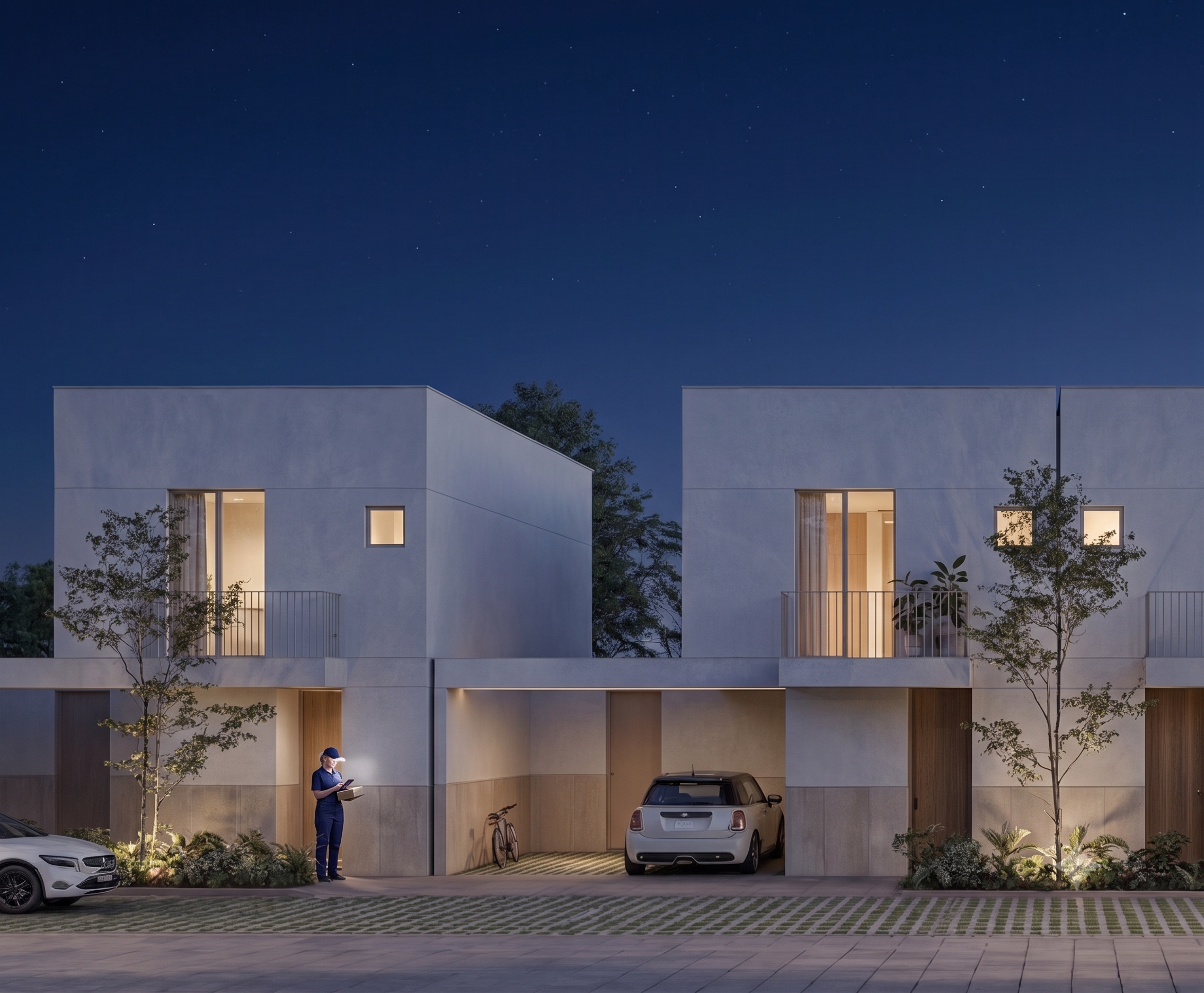 Render nocturno del acceso con caseta de vigilancia de Las Encinas, casas en San Mateo Atenco, Edo. Méx.