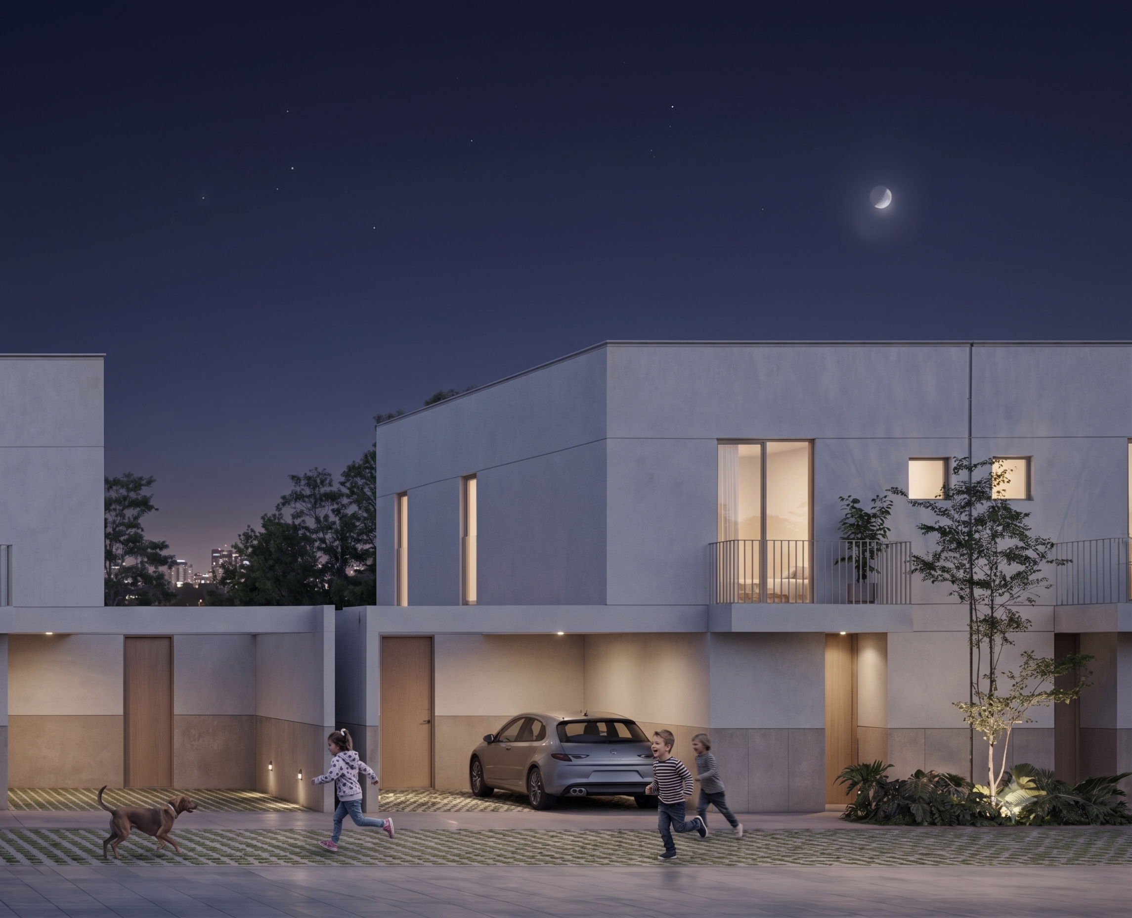 Render nocturno de niños jugando frente a las casas de Las Encinas, casas en San Mateo Atenco, Edo. Méx.