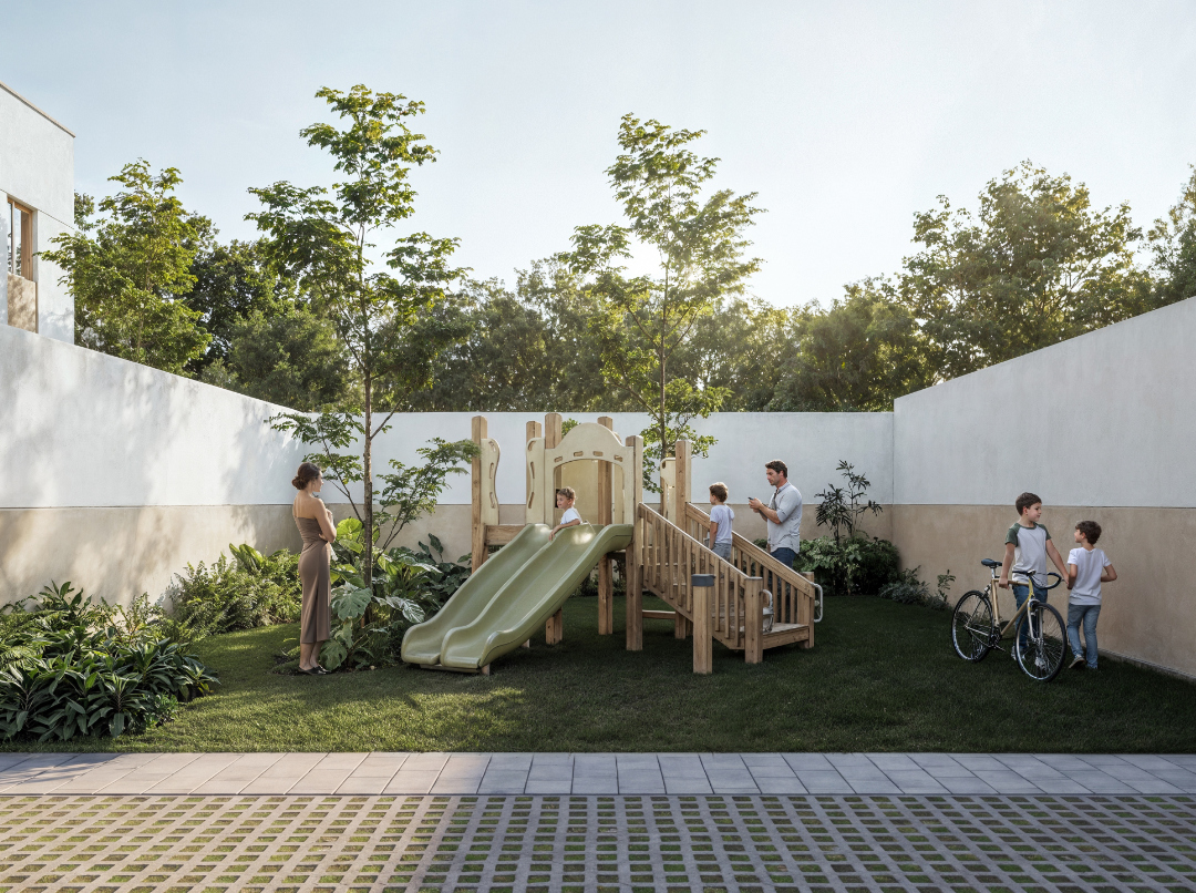 Render del área de juegos infantiles de Las Encinas, casas en San Mateo Atenco, Edo. Méx.