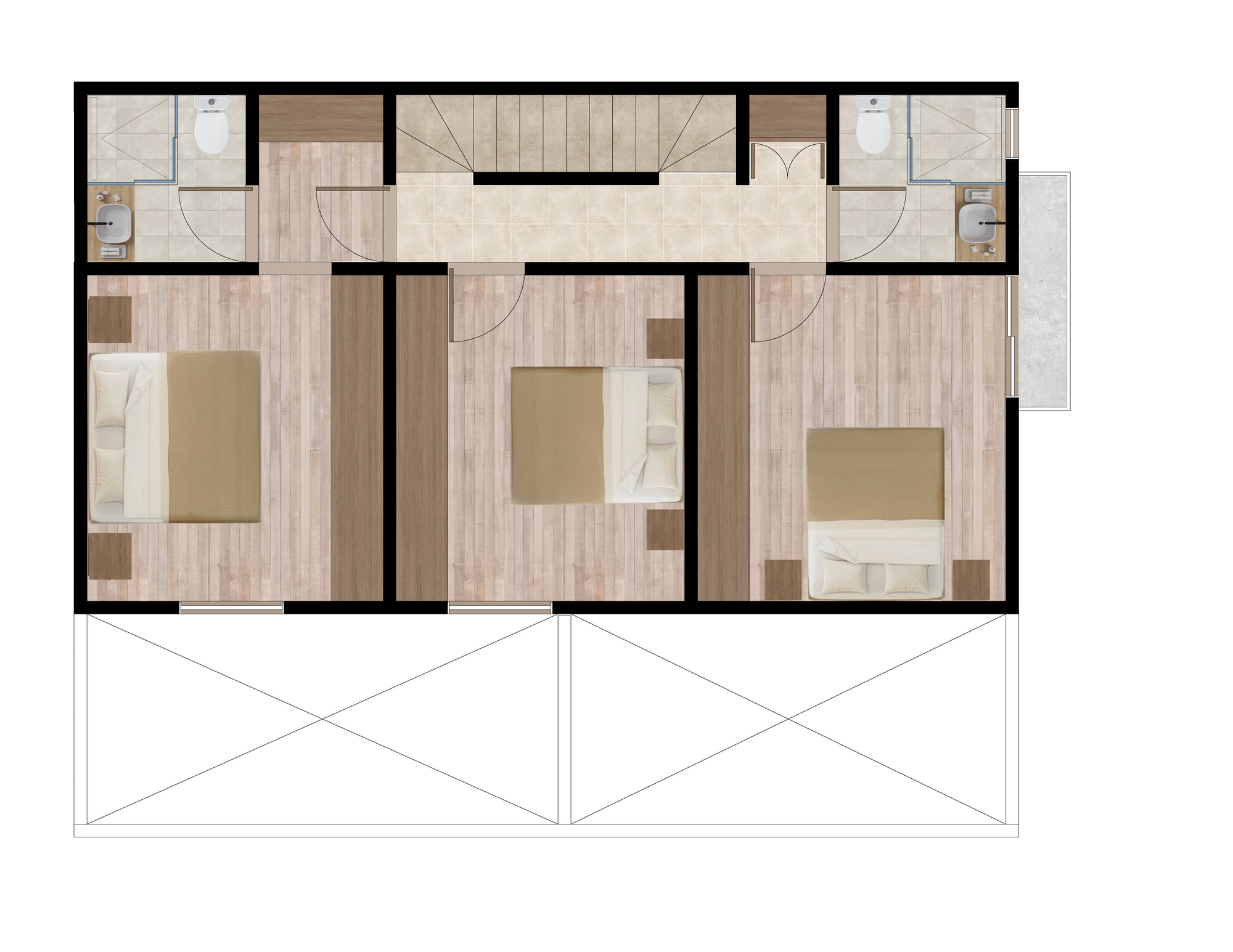 Plano de planta alta de la casa tipo de 116 m² de Las Encinas, casas en San Mateo Atenco, Edo. Méx.